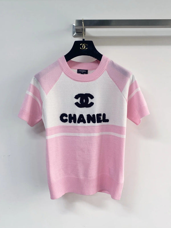 Chanel 2026 Chemise Manches Courtes Laine Cachemire Rose Noir Blanc