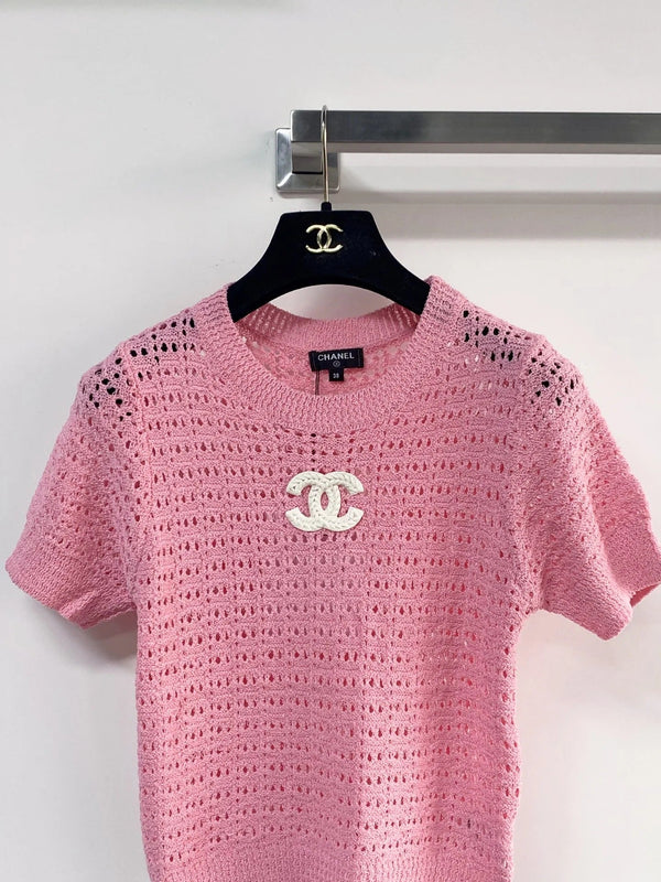 Chanel 2026 Chemise à manches courtes ajourée Rose Noir Blanc Laine Cachemire