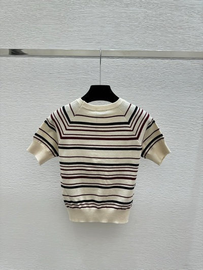 Chanel 2026 Pull Manches Courtes Laine Polyester Crème et Bleu Marine