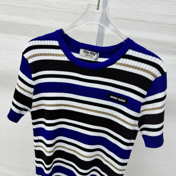 Miumiu 2026 T-shirt rayé Bleu Blanc Marron Laine Cachemire 356974