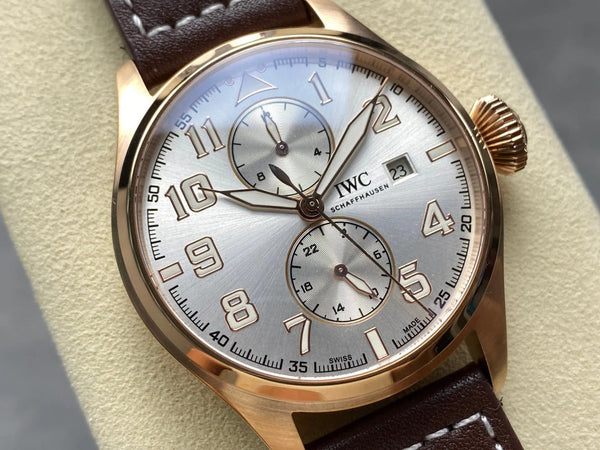 IWC Big Pilot 46mm Gray Dial Pink Gold Case Brown Leather Strap