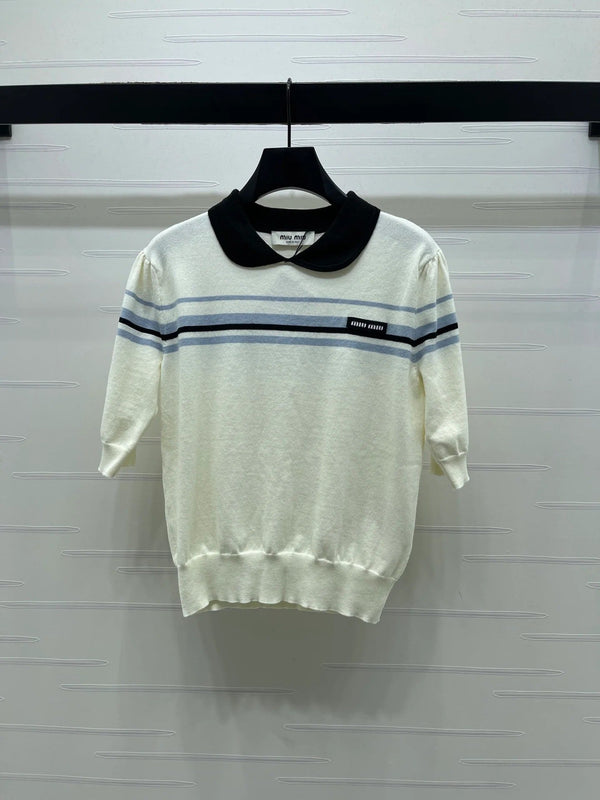 Haut à manches courtes en maille à col claudine Miumiu 2026, crème et noir, Tencel 352458