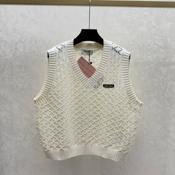Miumiu 2026 Gilet en maille ajourée col rond Crème et violet Viscose Nylon