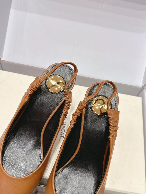YSL 26ss Slingback 75 Camel Brown Sheepskin 654718