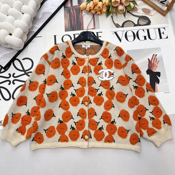 Gilet à motif floral CC 26 Laine Cachemire Orange Beige 785282
