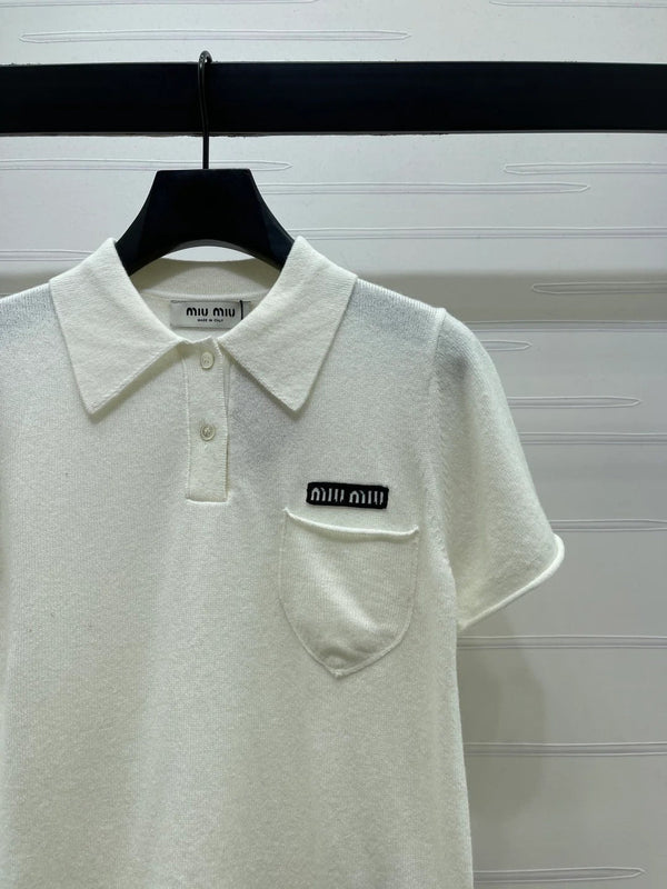Pull à manches courtes en maille à col Miumiu 2026 en cachemire crème et gris