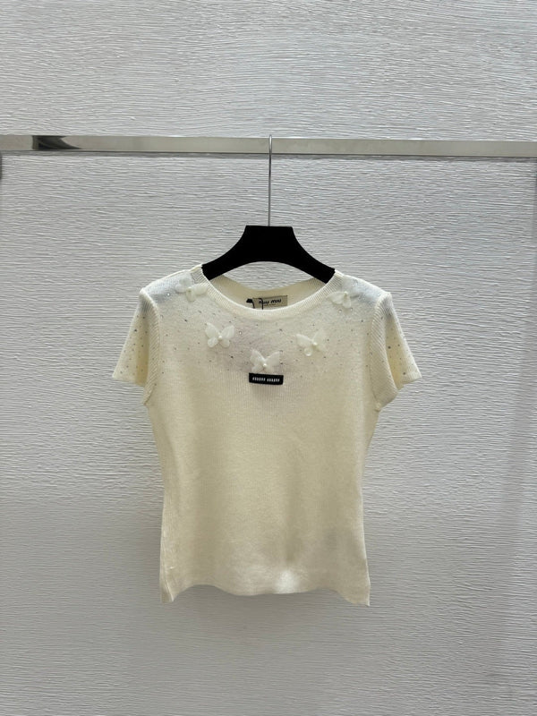 Haut à manches courtes Miumiu 2026 Butterfly Laine et Soie Crème Jaune Rose
