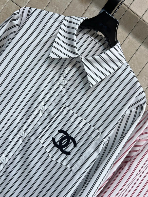 Chemise rayée brodée logo Chanel 2026 en coton rose et noir 355062