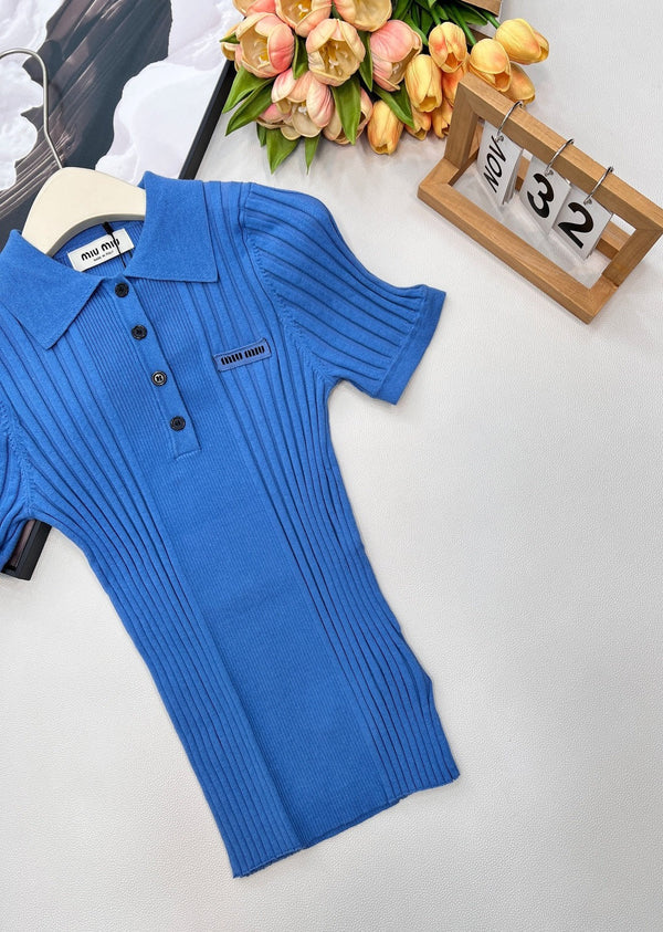 Miumiu 2026 Collared Logo Short-Sleeve Knit Top Blue Cotton