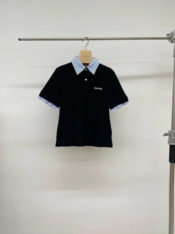 Polo Miumiu 2026 à rayures et patchwork en coton noir et bleu