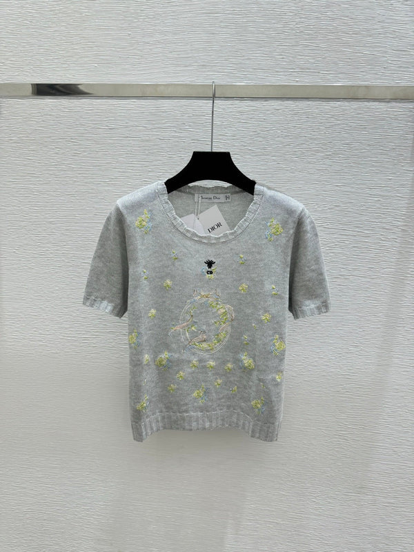 CD 2026 Floral Embroidered Knit Short-sleeved Top Wool 392593