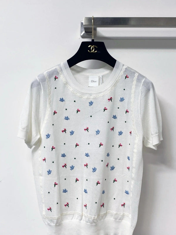 CD 2026 Flower Embroidered Short-sleeved Knit Top Tencel Wool 459063