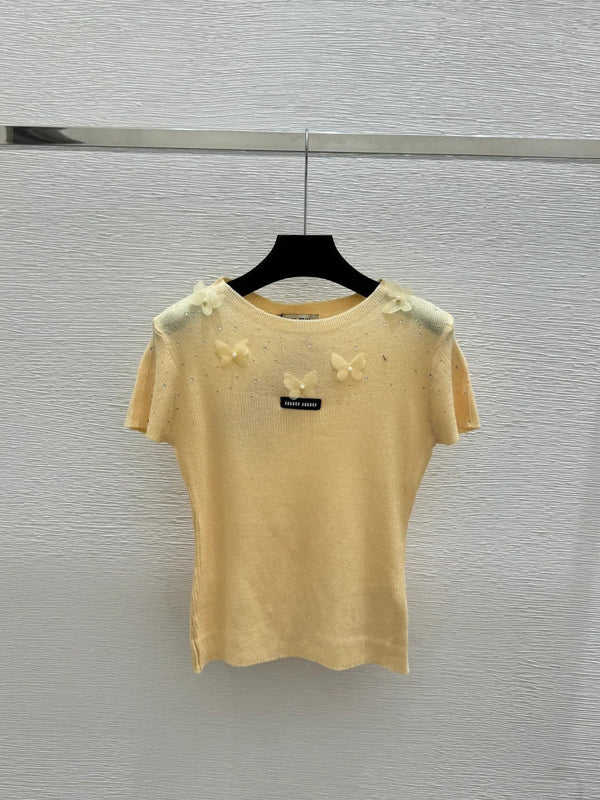 Haut à manches courtes Miumiu 2026 Butterfly Laine et Soie Crème Jaune Rose