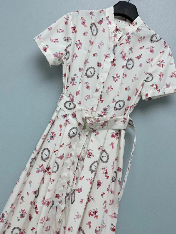 CD 2026 Floral Stand Collar Slim Waist Shirt Dress Polyester 392333