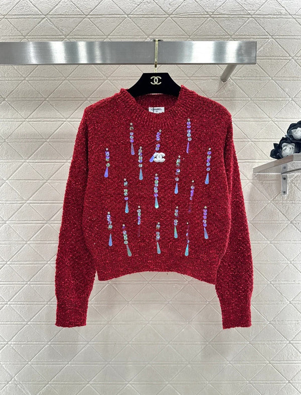 Pull ras du cou orné de sequins CC 26 crème rouge laine 331243