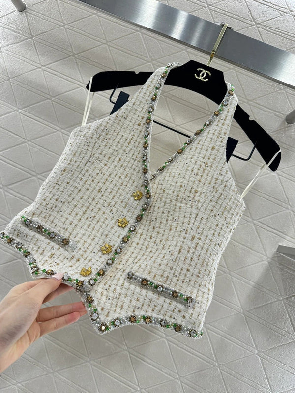 CC 26 Gilet à col bénitier orné de strass, en coton et laine crème 331227