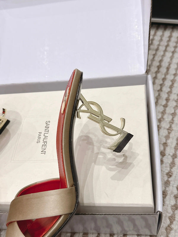 Mules à talons hauts YSL 26ss 85 or champagne cuir satin rouge 660674
