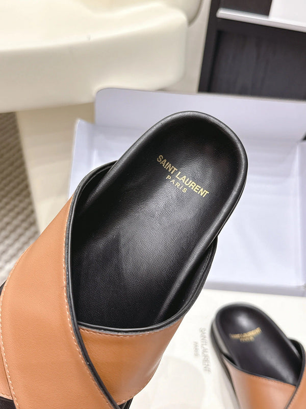 YSL 26ss Platform Slippers Camel Brown Black Sheepskin 663212