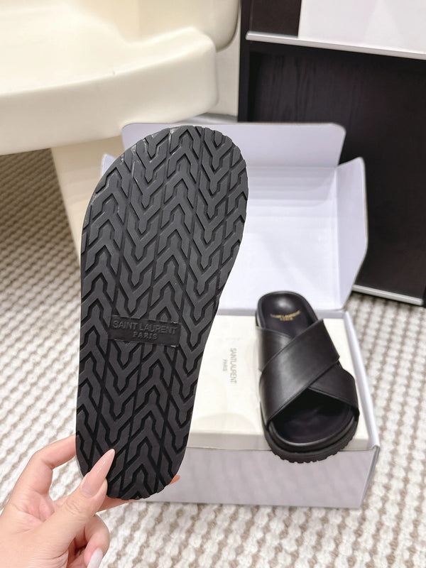 YSL 26ss Platform Slippers Black Sheepskin 663213