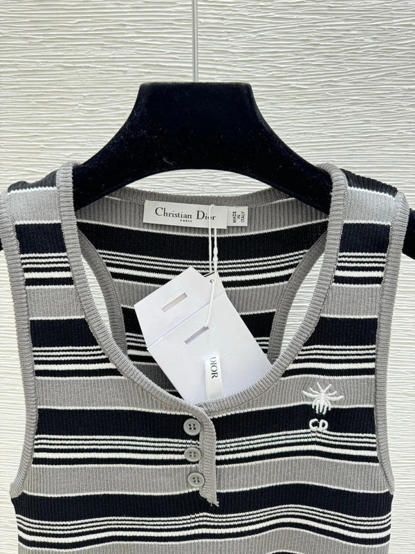 CD 2026 Striped Crew Neck Knitted Vest Grey Black Wool 452202