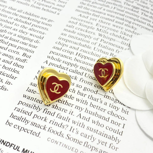 CC Black Enamel Gold Double C Heart Earrings