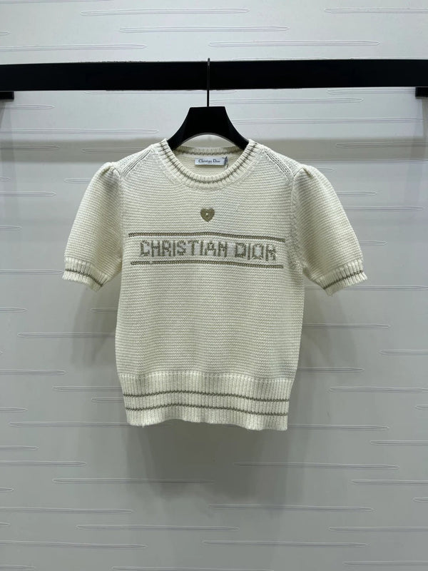 Dior 2026 Pearl Letter Knit Puff Sleeve T-shirt Wool