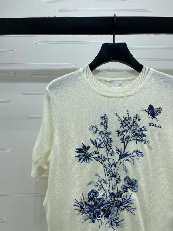 Dior 2026 Floral Embroidered Butterfl Short-Sleeve T-Shirt Wool