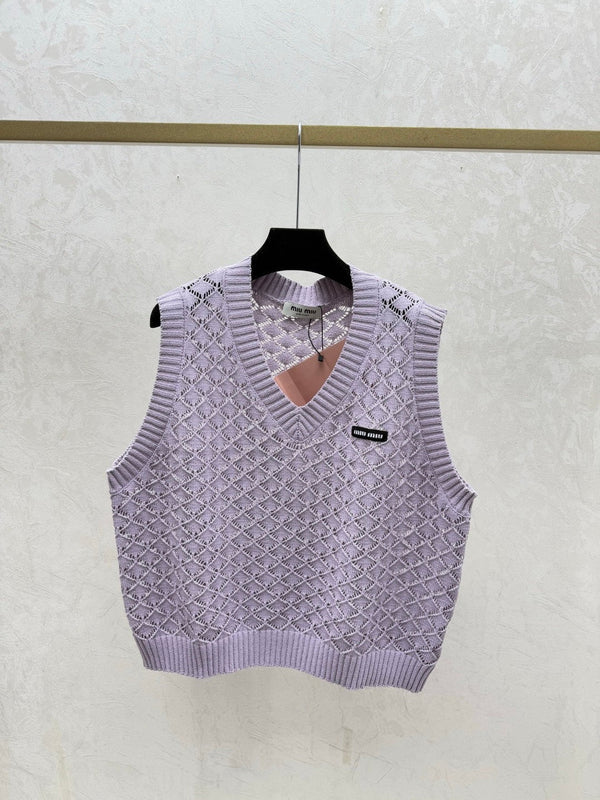 Miumiu 2026 Gilet en maille ajourée col rond Crème et violet Viscose Nylon