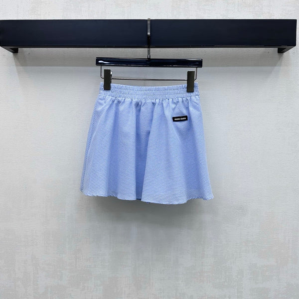 Miu 2026 Checkered Vest and Skirt Set Blue Polyester Cotton 431848