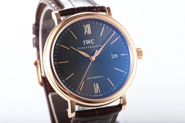 IWC Portofino 40mm Black Dial Pink Gold Case Brown Crocodile Leather