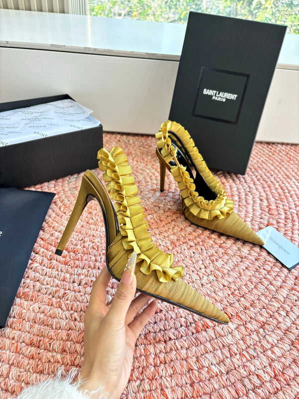 YSL 26ss Slingback Shiny Gold Silk Leather 648839