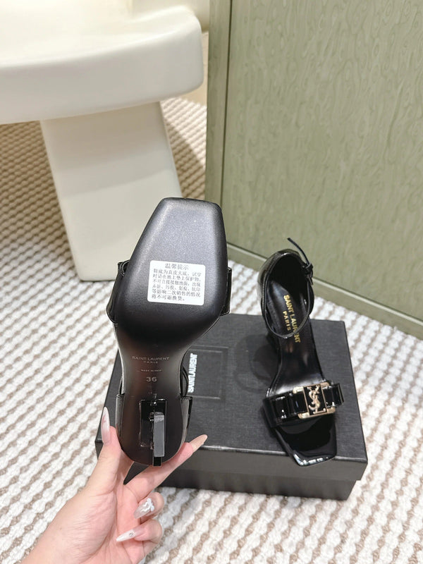 YSL 26ss High-Heeled Sandals 85 Black Patent Leather 654678