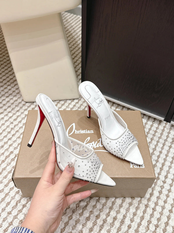 CL 26SS Mules à talons hauts 100 Blanc Mesh Strass Cuir 658052