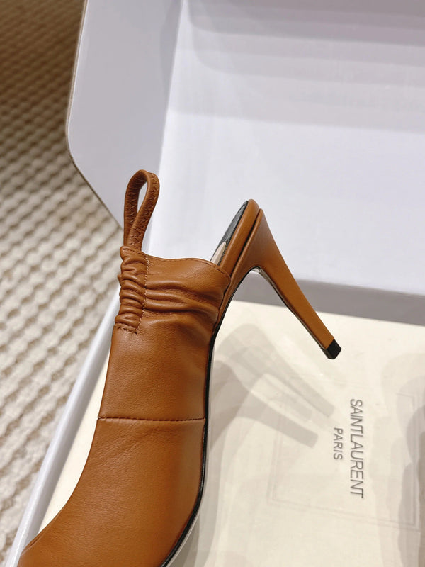 YSL 26ss Slingback 75 Camel Brown Sheepskin 654718
