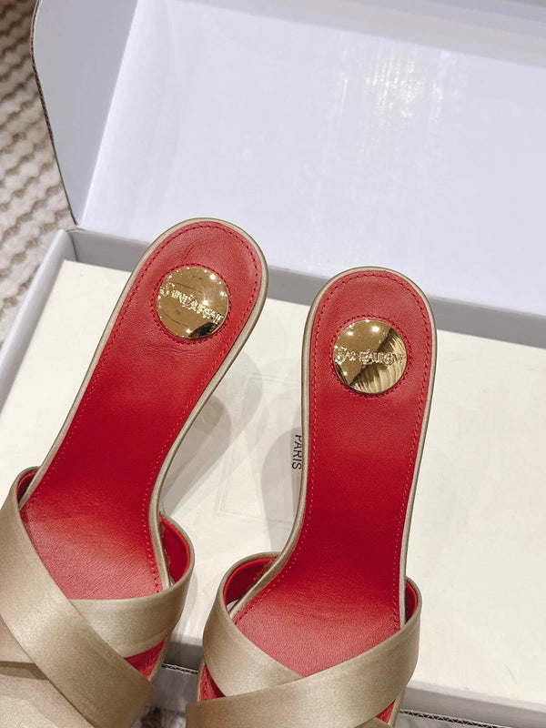 Mules à talons hauts YSL 26ss 85 or champagne cuir satin rouge 660674