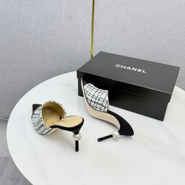 CC 2026 Pointy Heeled Mules 85mm Tweed Pearl 801951