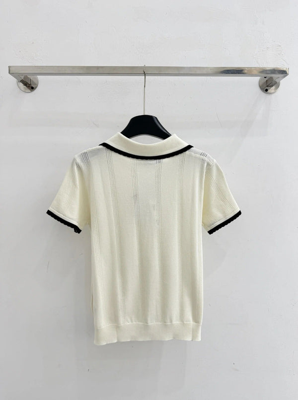 CD 2026 Collared Knit Short-Sleeve T-Shirt Cream Wool 455393