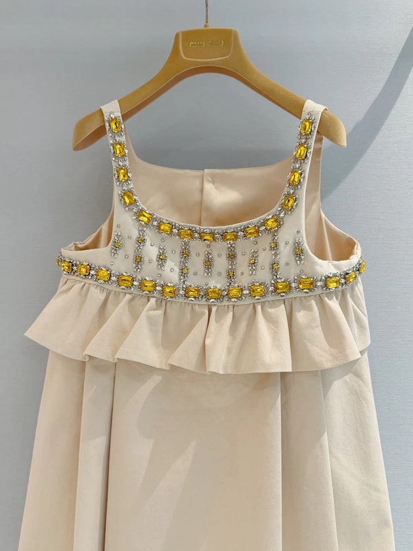 Miu 2026 Diamond-Embellished Dress Beige Cotton 444928