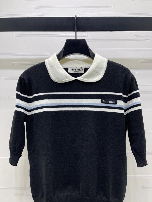 Haut à manches courtes en maille à col claudine Miumiu 2026, crème et noir, Tencel 352458
