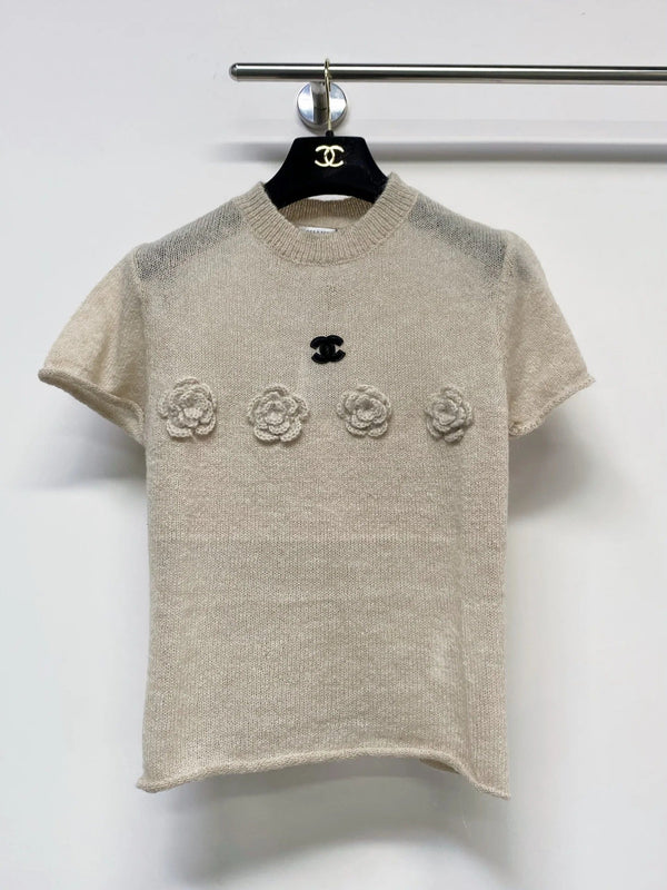 T-shirt à manches courtes Chanel 2026 en laine noire et beige à motif floral