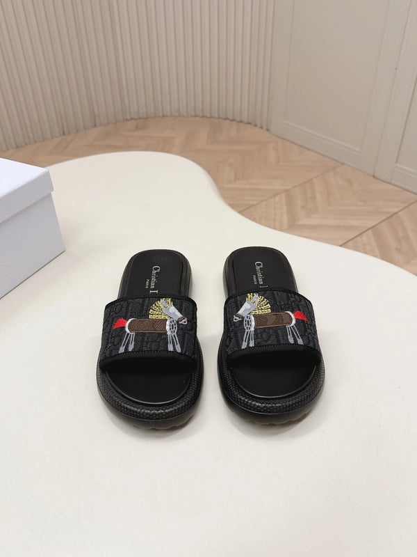 CD 26s Slippers Black Canvas Lambskin 643805