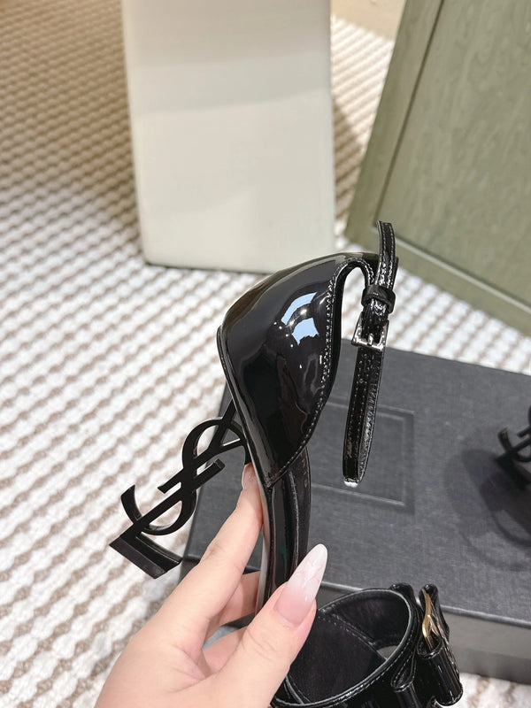 YSL 26ss High-Heeled Sandals 85 Black Patent Leather 654678
