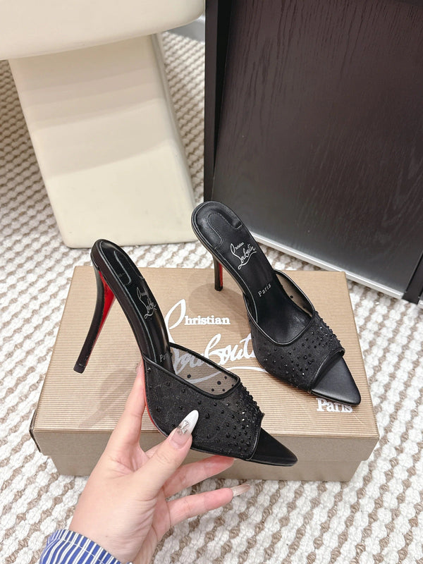 CL 26SS High-Heeled Slippers 100 Black Mesh Rhinestone Leather 658054