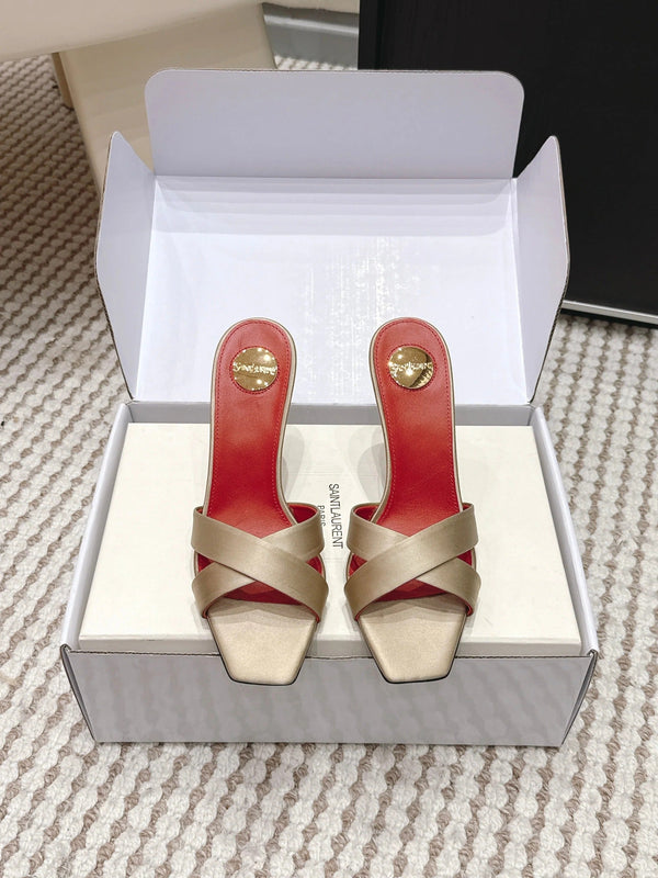 Mules à talons hauts YSL 26ss 85 or champagne cuir satin rouge 660674