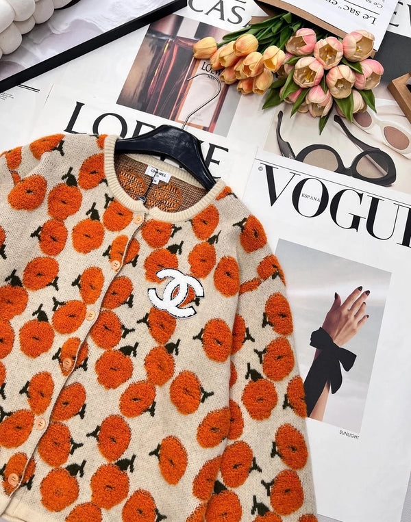 Gilet à motif floral CC 26 Laine Cachemire Orange Beige 785282