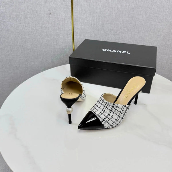 CC 2026 Pointy Heeled Mules 85mm Tweed Pearl 801951