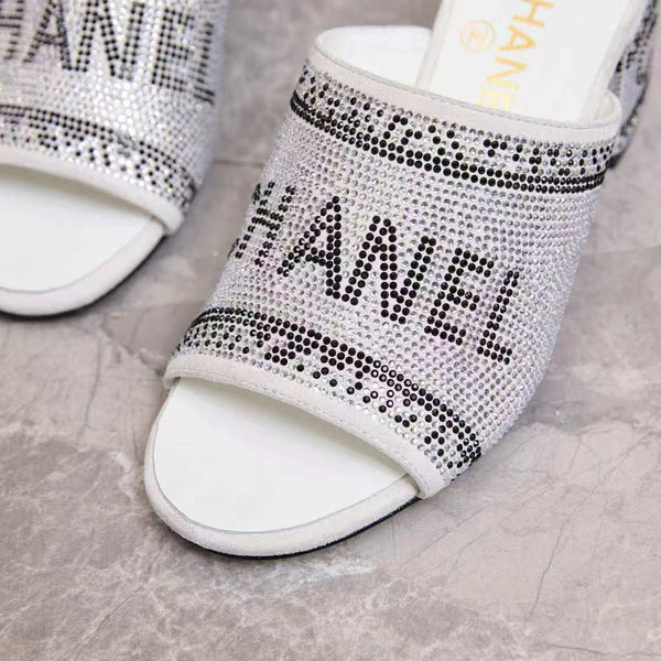 CC 2026 Rhinestone Mules Block Heel And Lettered Design Leather 778400