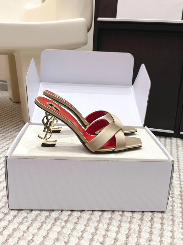 Mules à talons hauts YSL 26ss 85 or champagne cuir satin rouge 660674
