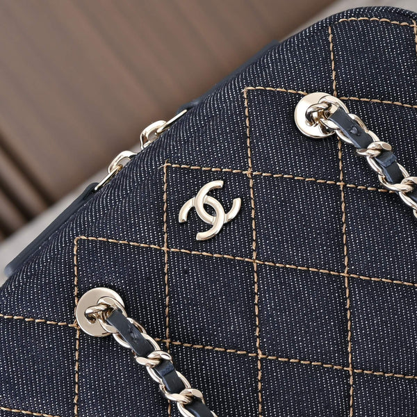 Sac à main CC 2026 en chaîne 19,5 cm, denim bleu et cuir 140656