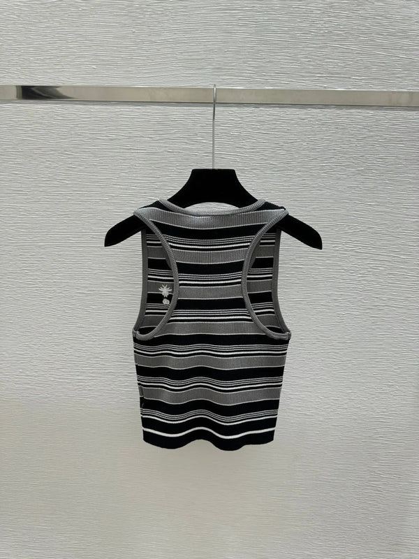 CD 2026 Striped Crew Neck Knitted Vest Grey Black Wool 452202